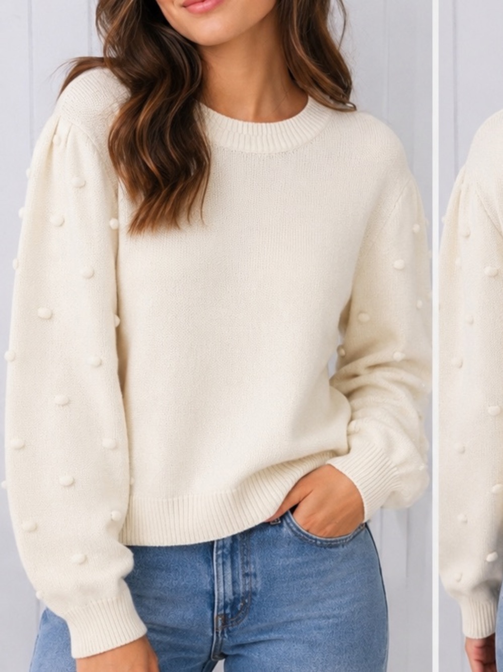 Levi’s Cream Pom-Pom Sleeve Knit Sweater XL Balloon Sleeve Crewneck Cozy Size XL
